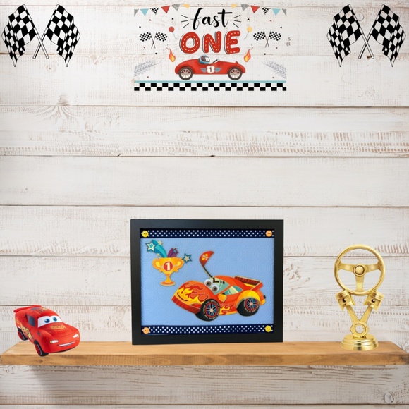 Racing car framed,Nursery racing car, boys nursery art ,orange race car, - Picture 1 of 3